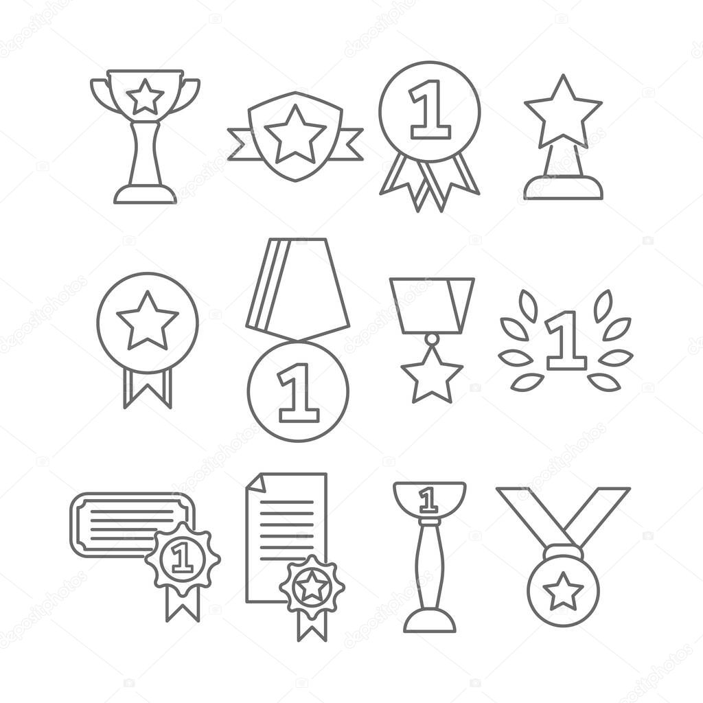 Trophies for winners line icons. Gold cups, medals, certificates, etc. Vector.