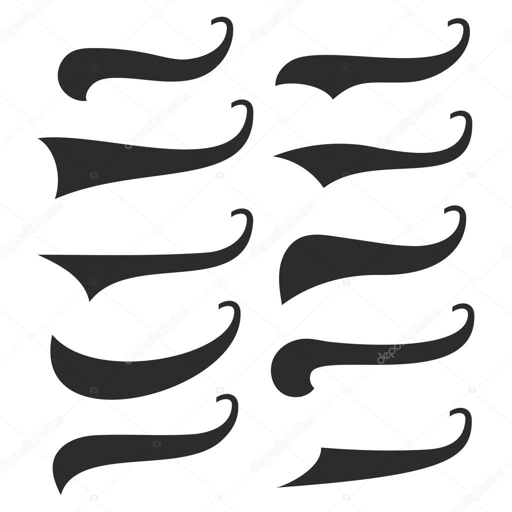 Set of hand lettering underlines swishes tail, swooshes collection isolated on white, Swashes for Typography Tshirt. Retro Swoop wave line. Vector.