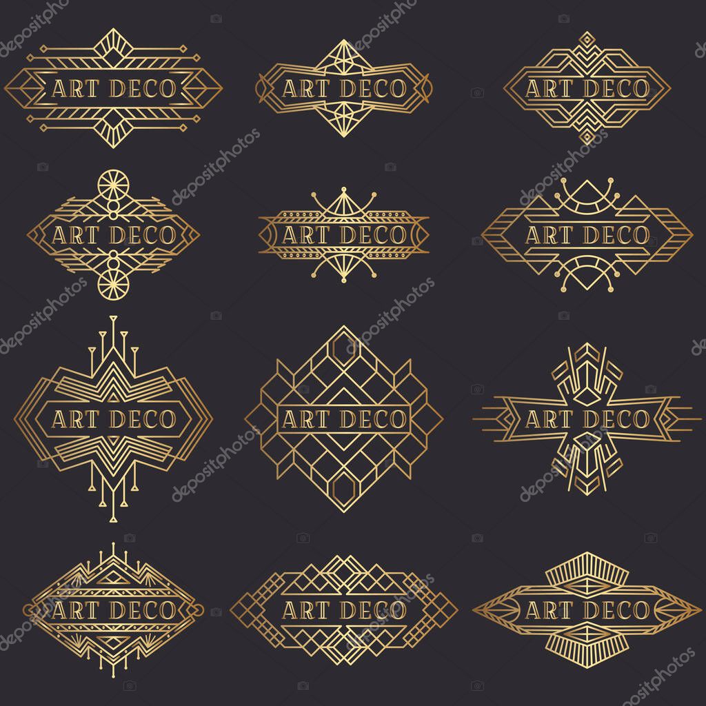 Art deco logo. Vintage label design. Retro badges.  Decorative frames labels in retro style. Set of vector images.