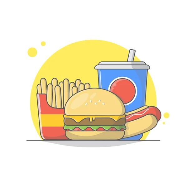 Επίπεδο Σχεδιασμό Του Burger Τυρί Softdrink Και Τηγανητές Πατάτες — Διανυσματικό Αρχείο