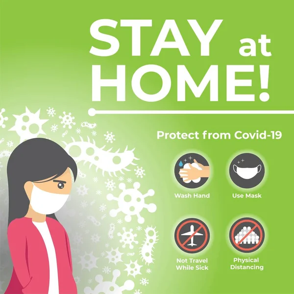 呆在家里 保护自己不受考罗纳维斯海报的影响 Coronavirus Covid 19疾病预防资讯图 — 图库矢量图片