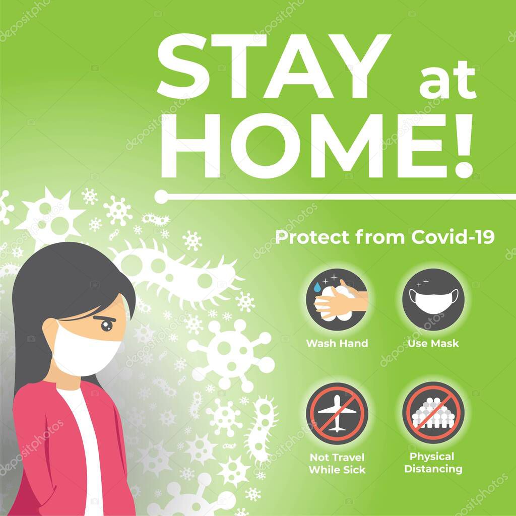 Stay at home, Protect from Coronavirus poster design. Coronavirus Covid-19 disease prevention infographic.