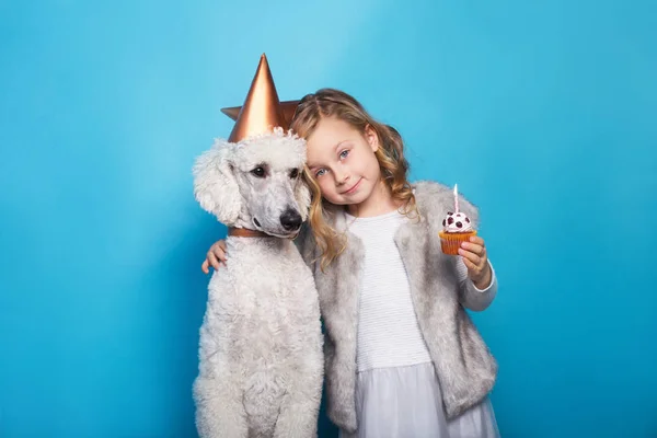 Little beautiful girl with dog celebrate birthday. Friendship. Love. Cake with candle. Studio portrait over blue background — Stock Photo, Image