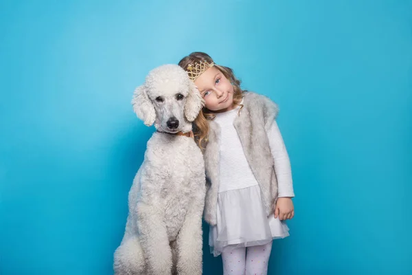 Belle petite princesse avec chien. L'amitié. Les animaux. Portrait studio sur fond bleu — Photo