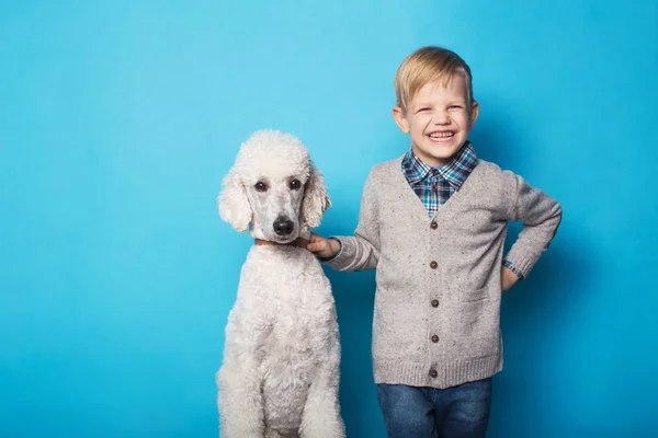 Fashionabla pojke med hund. Kamratskapet. Husdjur. Studio porträtt över Blå bakgrund — Stockfoto