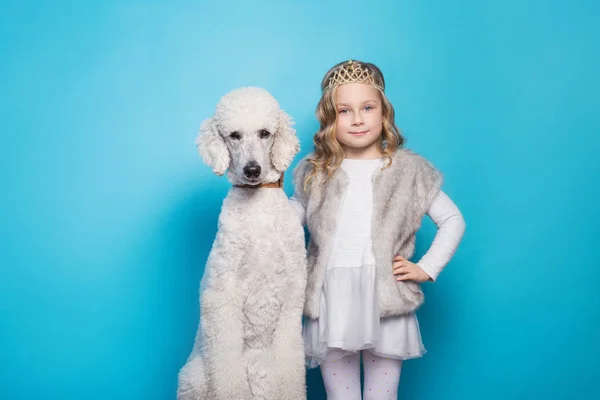 Belle petite princesse avec chien. L'amitié. Les animaux. Portrait studio sur fond bleu — Photo