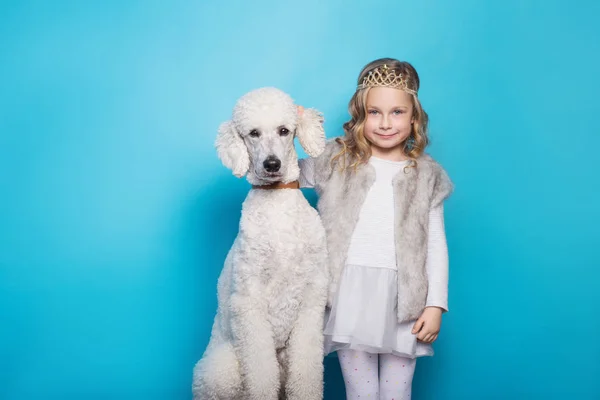 Beautiful little princess with dog. Friendship. Pets. Studio portrait over blue background — Stock Photo, Image