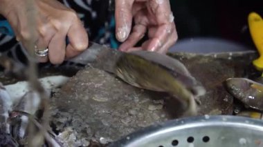 Kadın deniz ürünleri pazarında balık kesiyor.