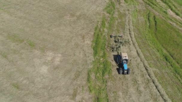 Tractor met harkschudders op het landbouwbedrijf — Stockvideo