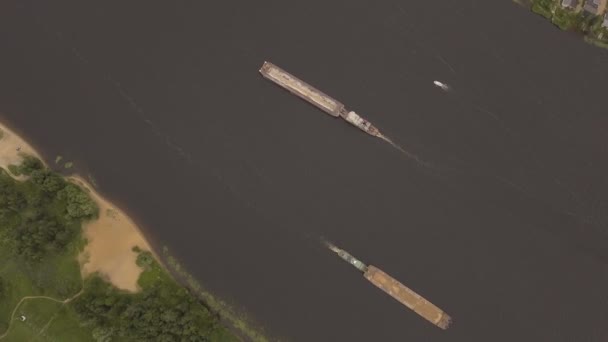 Aerial view barge on the river — Stock Video