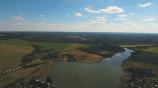 Aerial view landscape of the field lake — Stock Video
