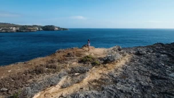 Ragazza in piedi su una scogliera e guardando il mare — Video Stock