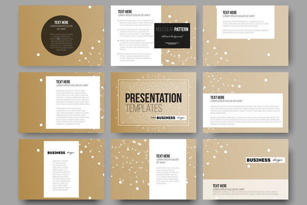 Set of 9 templates for presentation slides. Abstract polygonal low poly backdrop with connecting dots and lines, golden background, connection structure. Digital or science vector