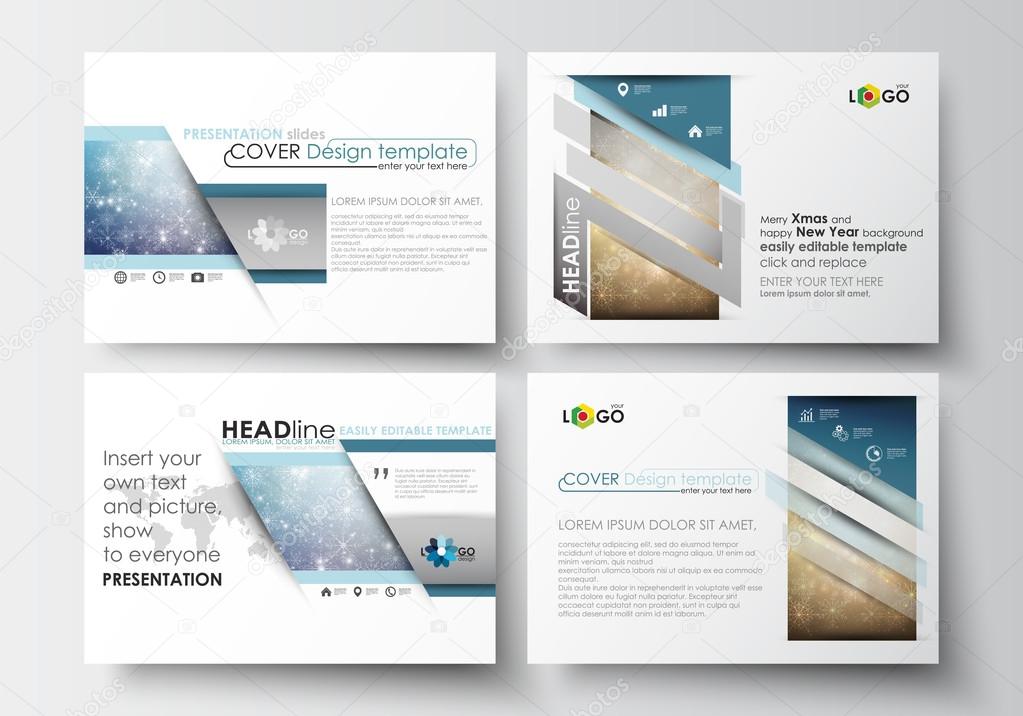 Set of business templates for presentation slides. Easy editable abstract layouts in flat design. Christmas decoration, vector background with shiny snowflakes, stars