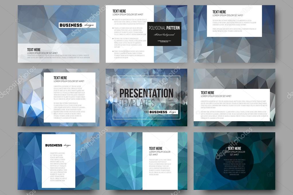 Set of 9 templates for presentation slides. Abstract blue polygonal background, colorful backdrop, modern stylish vector texture.