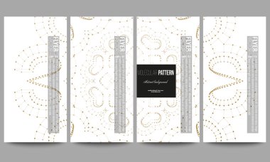 Modern el ilanları seti. Noktaları ve çizgileri birbirine bağlayan soyut poligonal alçak poli fon, beyaz arka plan üzerinde altın bağlantı yapısı. Dijital veya bilim vektörü