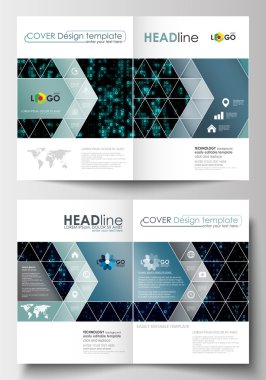 Business templates for brochure, magazine, flyer. Cover design template, flat layout in A4 size. Virtual reality, color code streams glowing on screen, abstract technology background with symbols. clipart