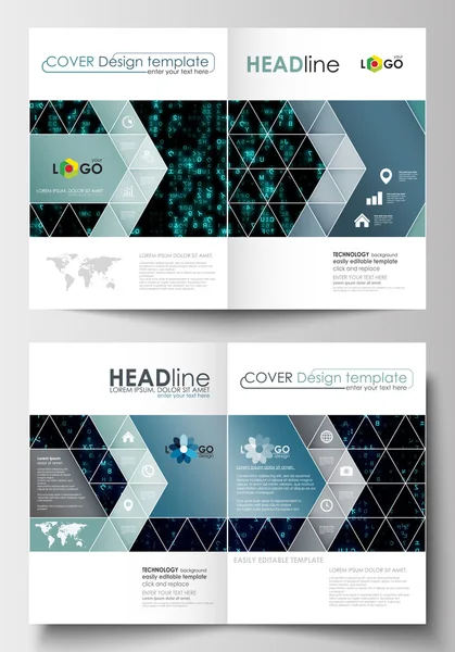 Business templates for brochure, magazine, flyer. Cover design template, flat layout in A4 size. Virtual reality, color code streams glowing on screen, abstract technology background with symbols. — Stock Vector