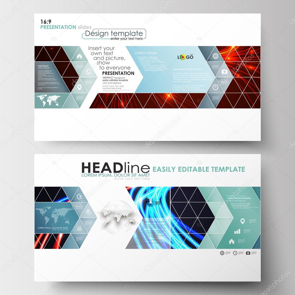 Business templates in HD format for presentation slides. Easy editable flat layouts. Abstract lines background with color glowing neon streams, motion design vector.