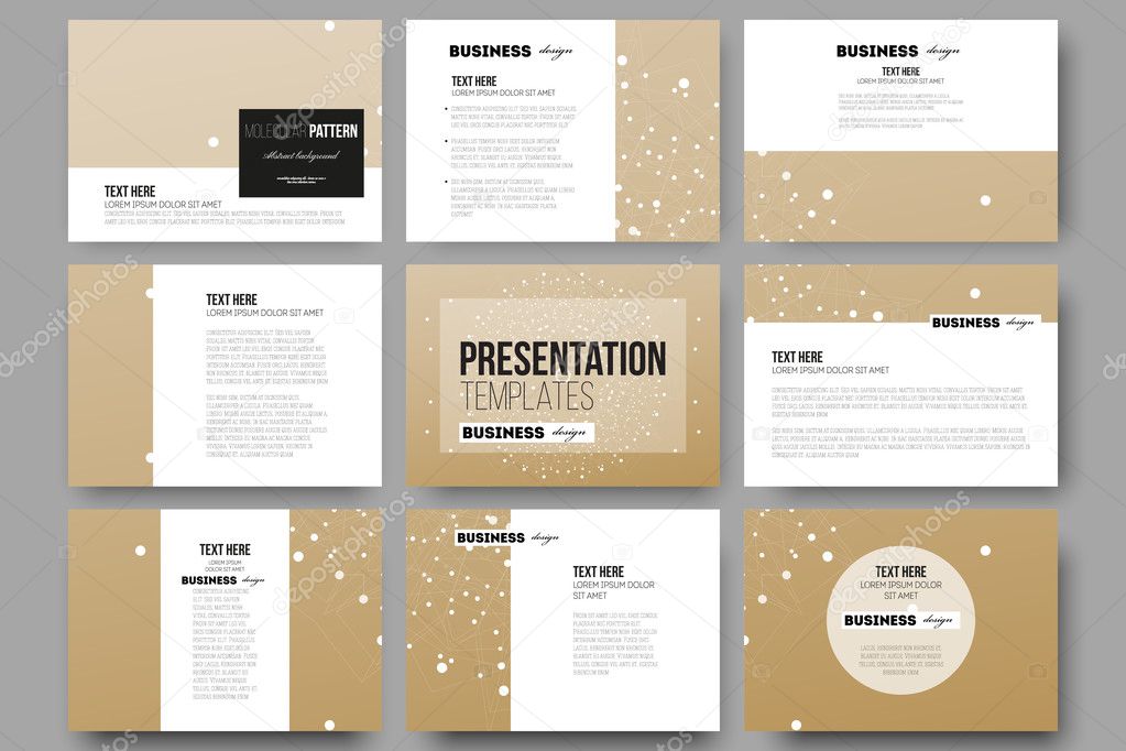 Set of 9 templates for presentation slides. Abstract polygonal low poly backdrop with connecting dots and lines, golden background, connection structure. Digital or science vector
