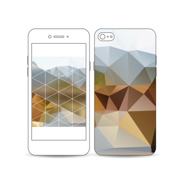 Hareket eden smartphone bir örnek üzerinde beyaz izole ekran ve kapak tasarımı ile. Renkli poligonal zemin, arka plan bulanık, modern şık üçgen vektör doku