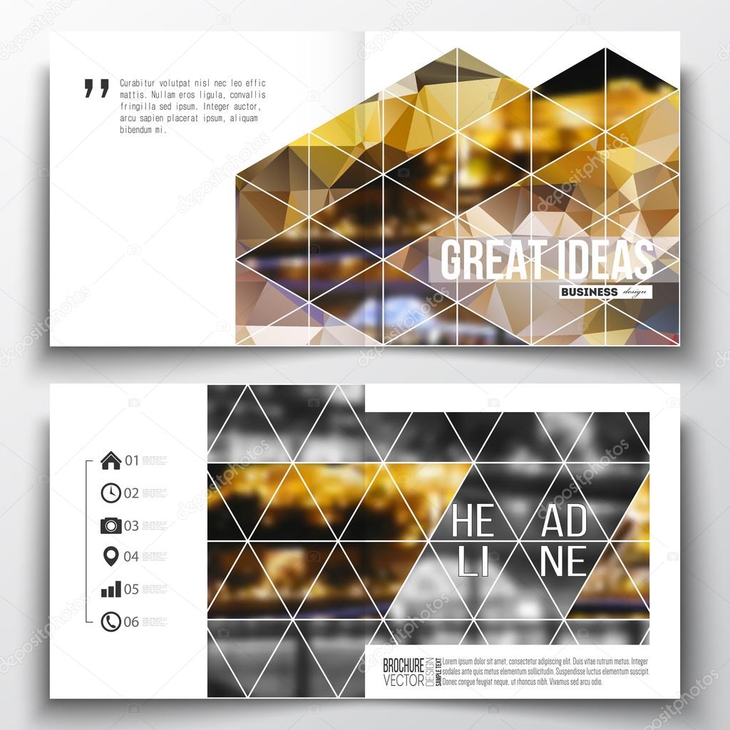Set of square design brochure template. Colorful polygonal background, blurred image, night city landscape, modern stylish triangular vector texture
