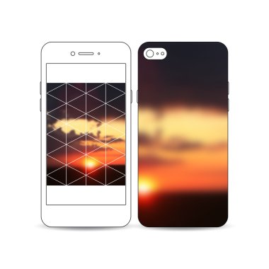 Hareket eden smartphone bir örnek üzerinde beyaz izole ekran ve kapak tasarımı ile. Renkli poligonal zemin, yaz gün batımı görünümü, modern üçgen vektör doku şaşırtıcı doğal arka plan bulanık,