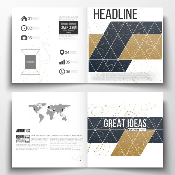 Set of square design brochure template. Abstract polygonal low poly backdrop with connecting dots and lines, golden background, connection structure. Digital or science vector — Stockový vektor