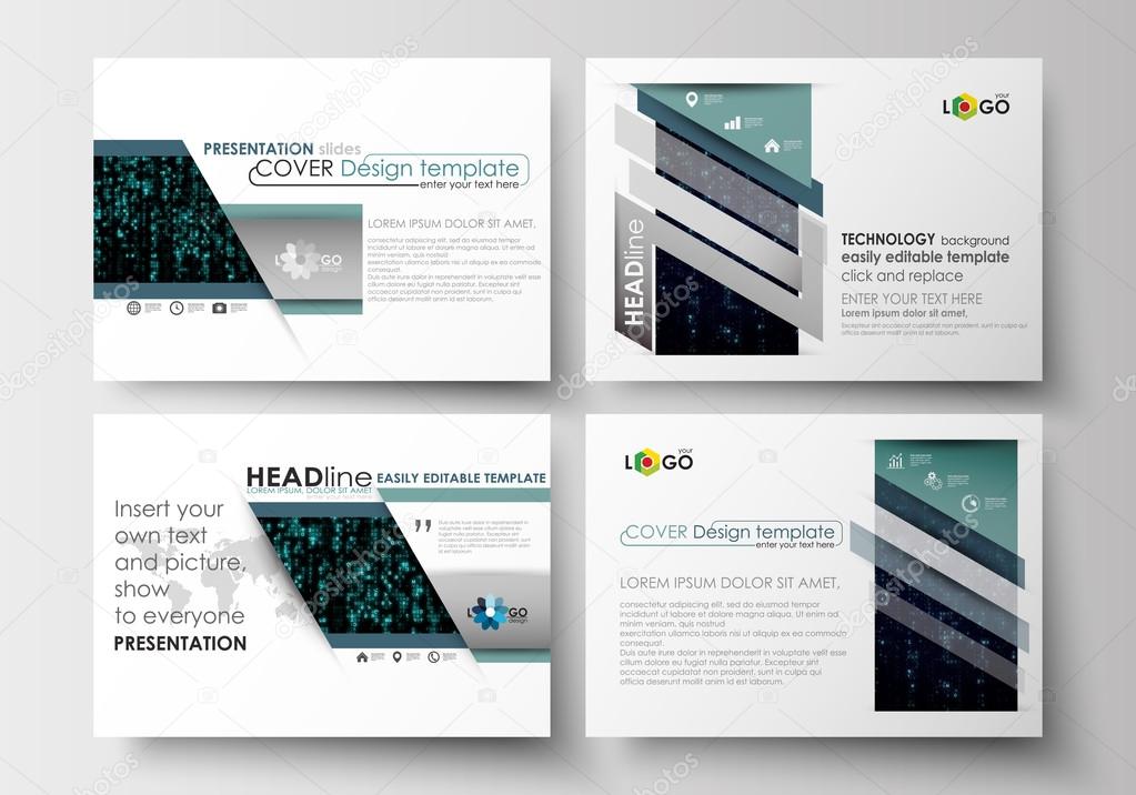 Set of business templates for presentation slides. Easy editable abstract layouts in flat design. Virtual reality, color code streams glowing on screen, technology background with symbols.