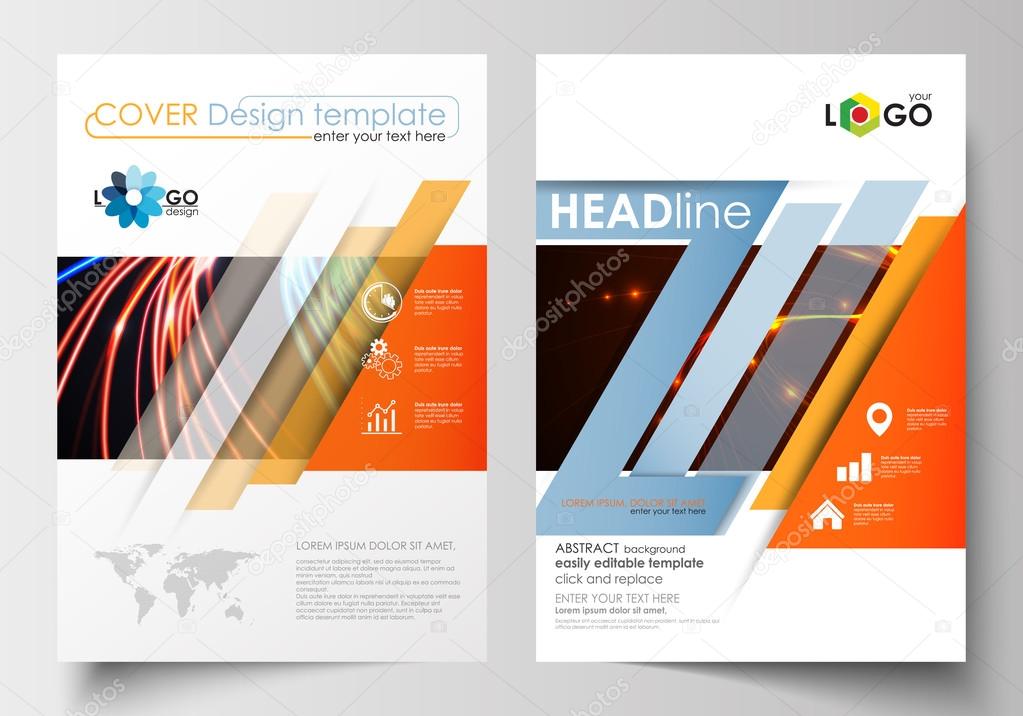 Templates for brochure, magazine, flyer, booklet or report. Cover template, easy editable blank, flat layout in A4 size. Abstract lines background with color glowing neon streams, motion design vector
