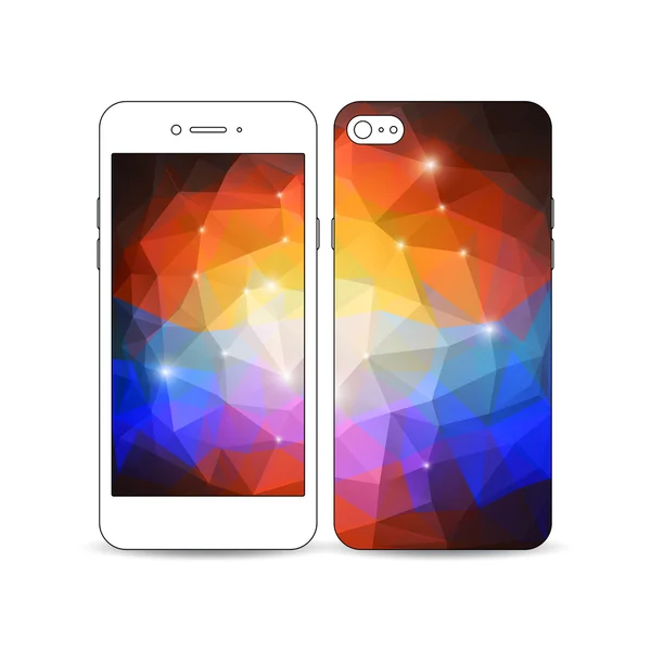 Smartphone mobile avec un exemple de conception d'écran et de couverture isolé sur blanc. Fond polygonal coloré abstrait, texture vectorielle triangle élégant moderne — Image vectorielle