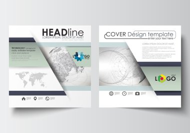 İş şablonları kare tasarım broşür, dergi, broşür, kitapçık ya da rapor için. Broşür kapak, düz düzen, kolay düzenlenebilir vektör. Noktalı dünya Küre, soyut yapı ve poligonal molekülleri