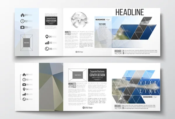 3-fach-Broschüren, quadratische Designvorlagen. bunte polygonale Kulisse, verschwommener Hintergrund, Meereslandschaft, moderne Dreieck-Vektorstruktur. — Stockvektor