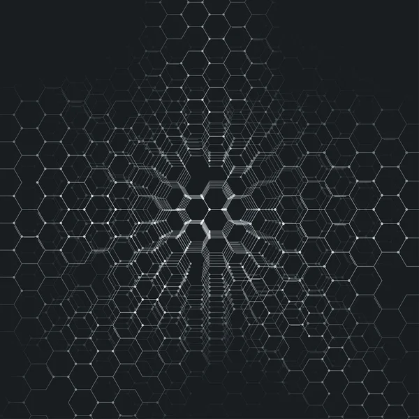 Chemistry 3D pattern, hexagonal molecule structure on black, scientific medical research. Medicine, science and technology concept. Motion design. Geometric abstract background. — Stock Vector