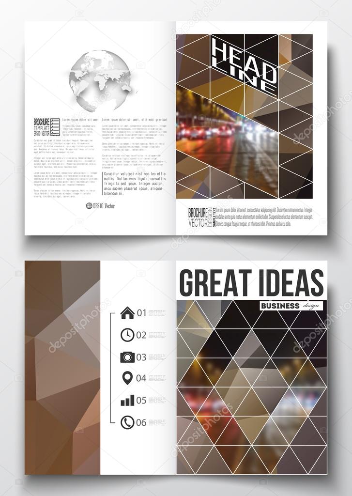 Set of business templates for brochure, magazine, flyer, booklet or annual report. Dark polygonal background, blurred image, night city landscape, car traffic, modern triangular texture
