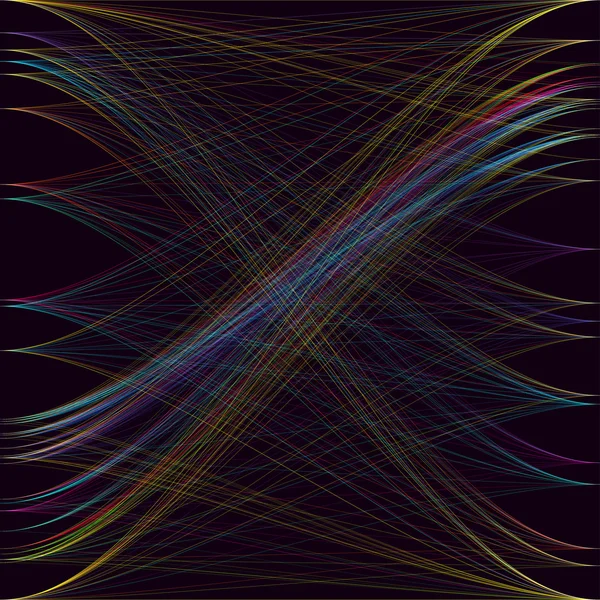 Fond sombre coloré avec des vagues abstraites, des lignes. Couleur lumineuse chaotique, aléatoire, courbes salissantes, tourbillon. Motion design. Décoration vectorielle colorée . — Image vectorielle