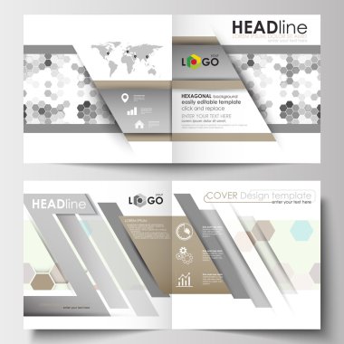 İş şablonları square için tasarım broşür, dergi, broşür, kitapçık. Broşür kapak, düz düzen, kolay düzenlenebilir boş. Gri renkli arka plan, modern altıgen vektör doku.