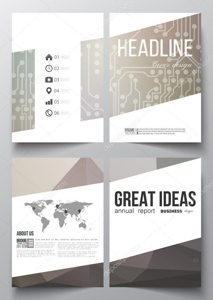 Set of business templates for brochure, magazine, flyer, booklet or annual report. Microchip background, electrical circuits, science design vector template