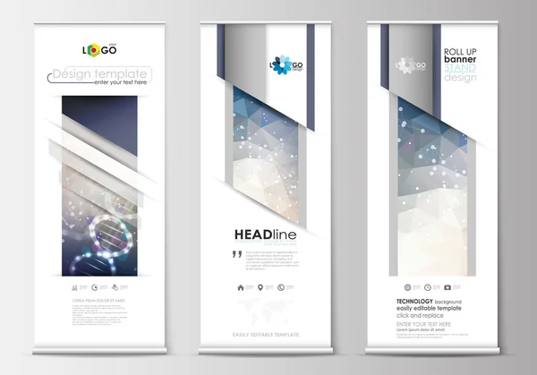 Roll up banner stands, flat design templates, geometric style, business concept, corporate vertical vector flyers. DNA molecule structure on blue background. Scientific research, medical technology. — Stockový vektor