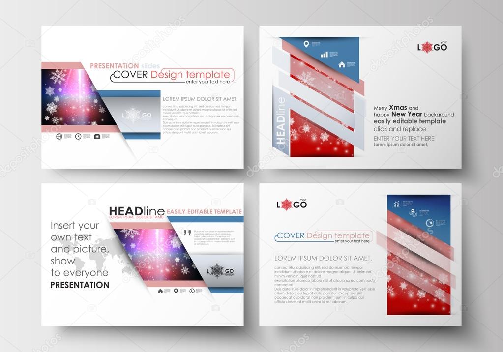Set of business templates for presentation slides. Easy editable abstract layouts in flat design. Christmas decoration, vector background with shiny snowflakes