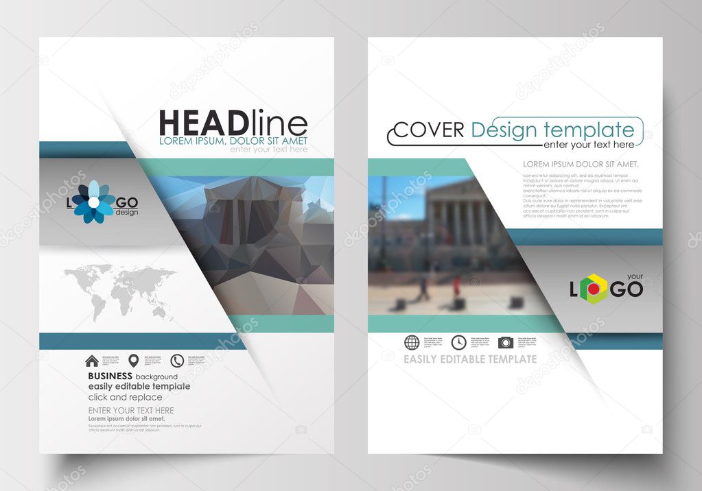 Templates for brochure, magazine, flyer, booklet or annual report. Cover design template, easy editable blank, flat layout in A4 size. Abstract business background, blurred image, urban landscape