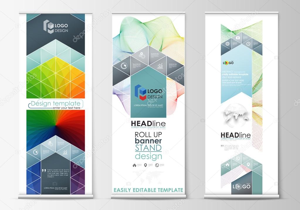 Set of roll up banner stands, geometric flat style templates, business concept, corporate vertical vector flyers, flag layout. Colorful design background with abstract shapes and waves, overlap effect