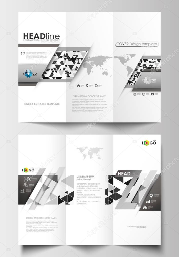 Tri-fold brochure business templates on both sides. Easy editable flat layout. Abstract triangle design background, modern gray color polygonal vector.