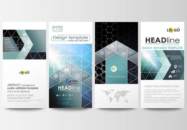 Flyers set, banners modernos. Modelos de negócios. Modelo de design de capa, layouts de vetor fácil editável. Padrão químico, estrutura molecular hexagonal. Medicina, ciência, conceito de tecnologia . —  Vetores de Stock