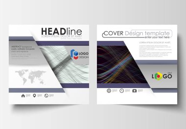 İş şablonları kare broşür, dergi, el ilanı, faaliyet raporu için. Broşür kapak, düz düzen, kolay düzenlenebilir vektör. Soyut dalgalar, çizgiler, eğriler. Koyu renk arka plan. Hareket tasarımı.