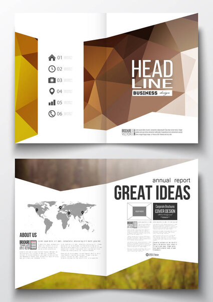 Набор бизнес-шаблонов для брошюры, журнала, листовки, буклета или годового отчета. Цветной многоугольный фон, размытый естественный фон, современная стильная векторная текстура треугольника
