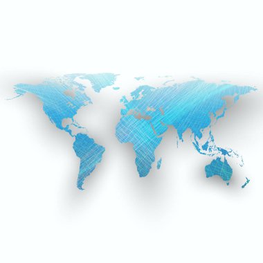 Dünya Haritası, gölge, soyut dalgalar, çizgiler, eğriler ile mavi renk arka plan. Hareket tasarımı. Vektör dekorasyon.