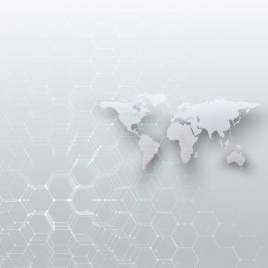 Beyaz Dünya Haritası, çizgiler ve noktalar gri renkli arka plan üzerinde bağlantı noktalı. Kimya model, altıgen molekül yapısı, tıbbi araştırma. Tıp, teknoloji kavramı. Soyut tasarlamak vektör.