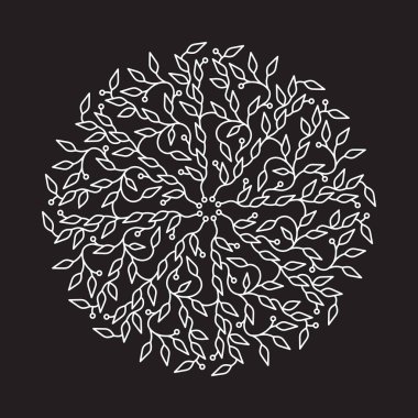 Beyaz renk logo tasarımı, siyah arka plan üzerine izole şablon soyut. Daire amblemi yaprakları ile yaptı. Spa konsept monogram lineer tarzda. Vektör dekorasyon moda, kozmetik, güzellik endüstrisi için
