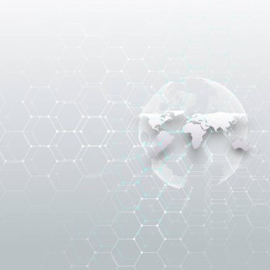 Beyaz dünya Küre, bağlayan çizgiler ve noktalar, gri renkli arka plan. Kimya model, altıgen molekül yapısı, bilimsel araştırma. Tıp, bilim kavramı. Soyut tasarım vektör dekorasyon.